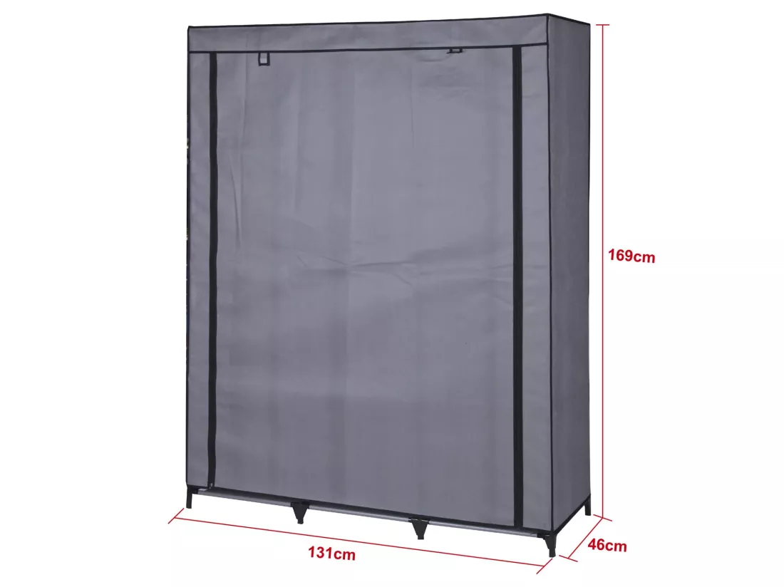 Garde-robe en tissu STEVEN structure en métal, 9 tablettes repositionnables pour 7 possibilités d'aménagement, coloris gris