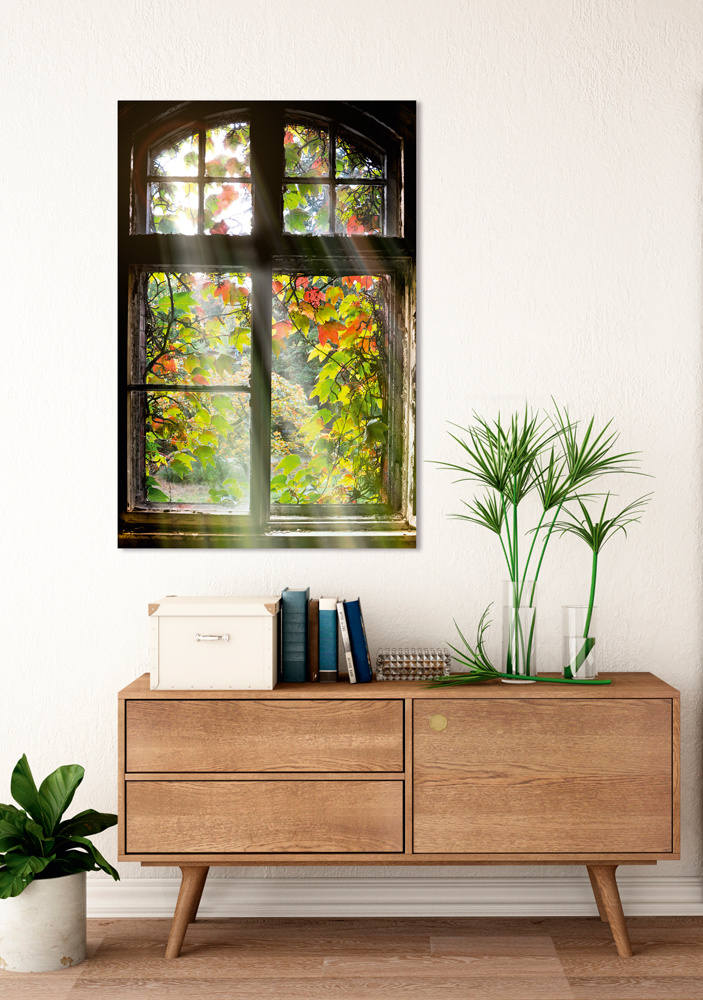 Akustikbild FENSTER MIT LAUB 80x120cm, 7kg