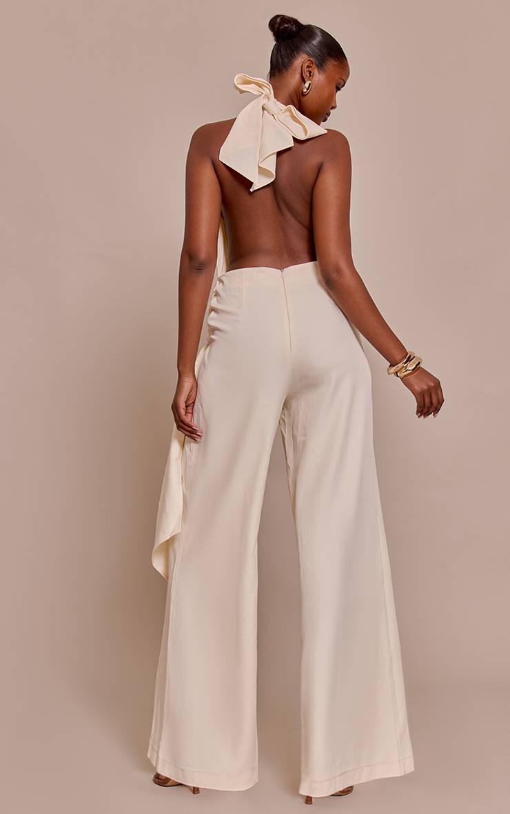 Pale Yellow Combinaison Pantalon Large À Col Licou Avec Détail Drapé Couleur Crème Beurrée