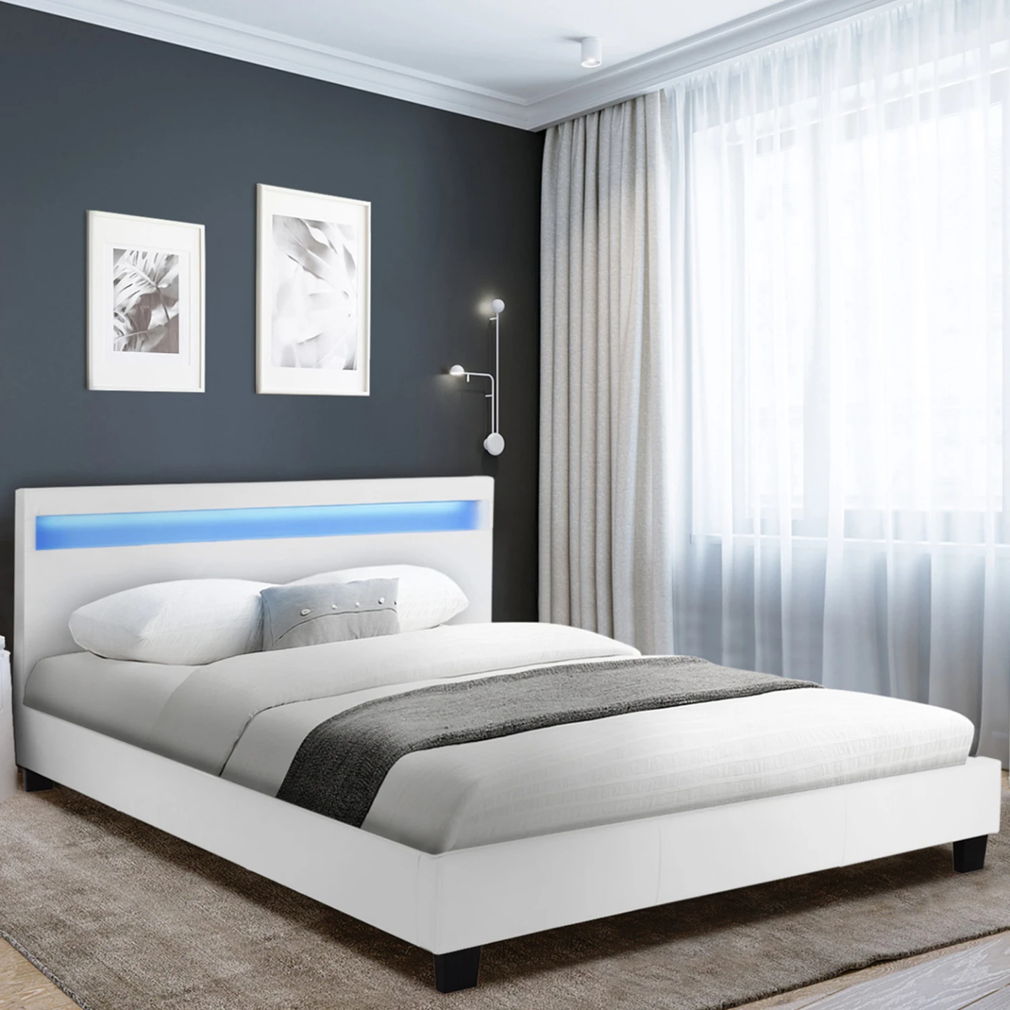 Lit double NEO avec tête de lit LED intégrées et sommier 140 x 190 cm PVC blanc