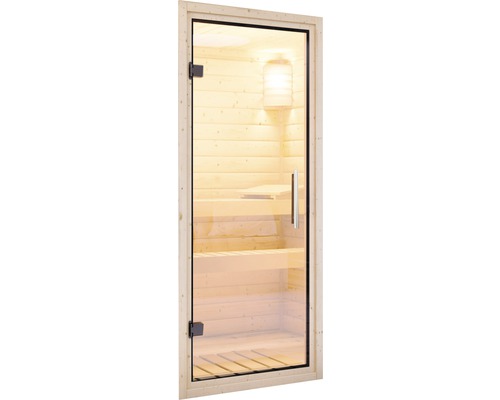 Elementsauna Karibu Korall IV zonder oven en dakkroon met volledig glazen deur van helder glas