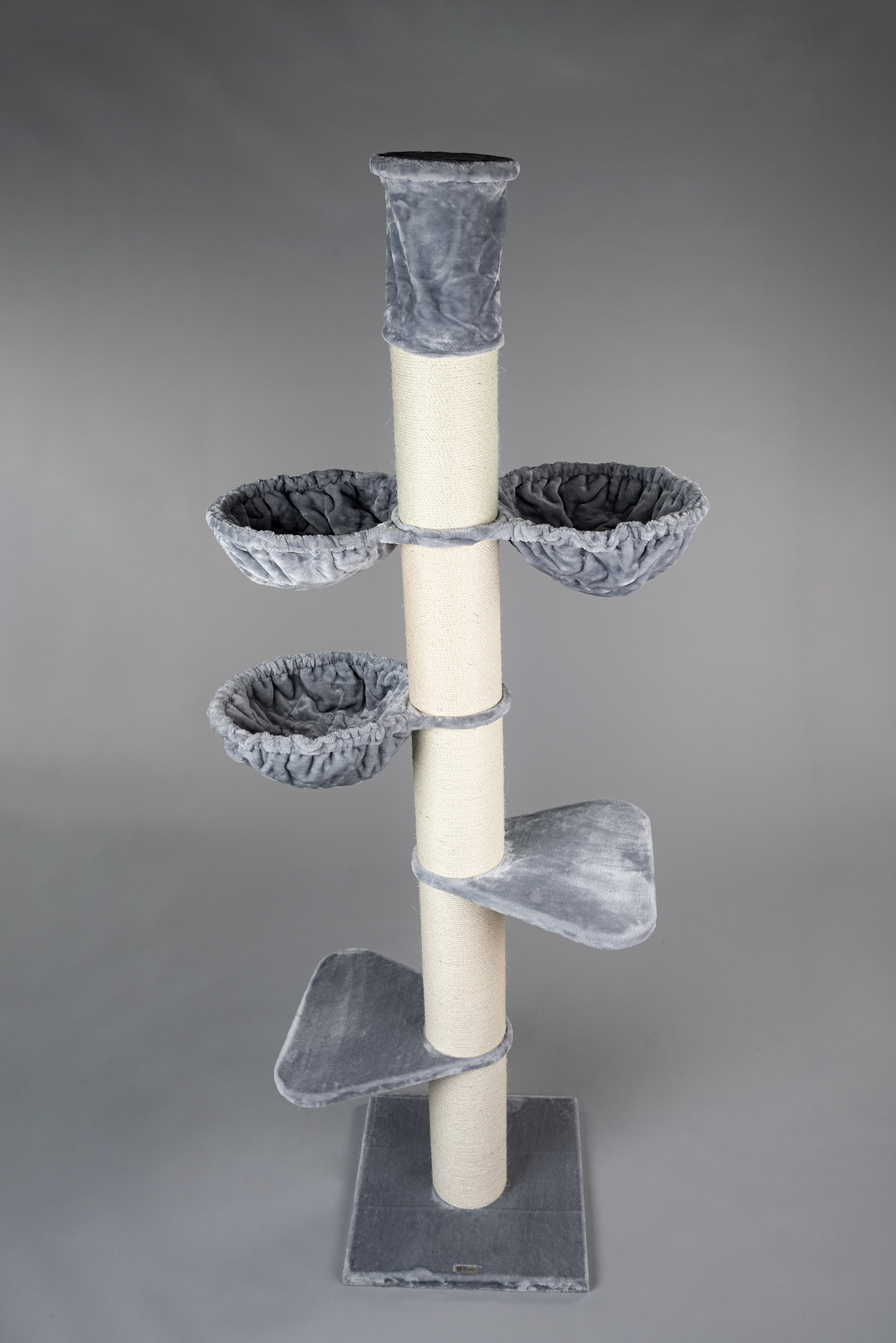 Arranhador para gatos Maine Coon Tower Plus, bege e cinza.