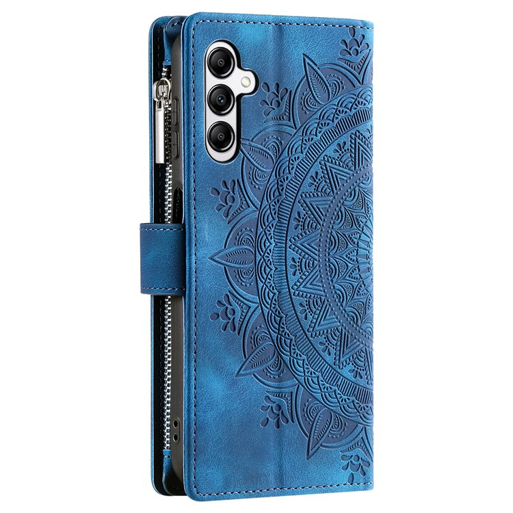Samsung Galaxy A56 Leder Tasche Flip Cover mit Reissverschluss - Mandala Flowers Imprint - Blau