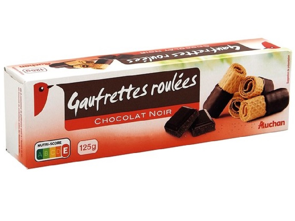 BOLACHA AUCHAN WAFFERS ROLINHO SEMI COBERTURA CHOCOLATE PRETO 125G