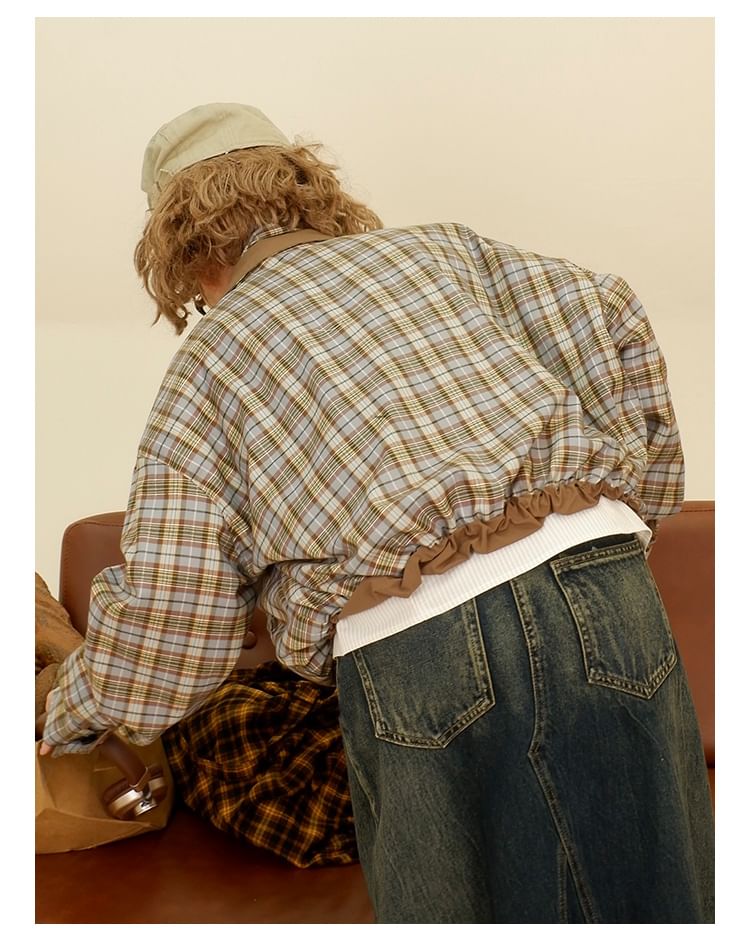 Iduna - Opstaande kraag, tweedelig geruit paneel, cropped jack met rits