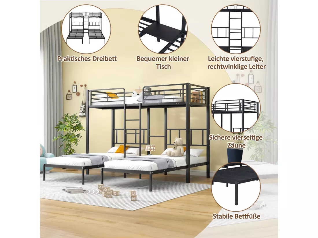 Lits superposés triple 3 x 90 x 200 cm avec échelle et table chevet pour enfant - métal - noir (sans matelas)