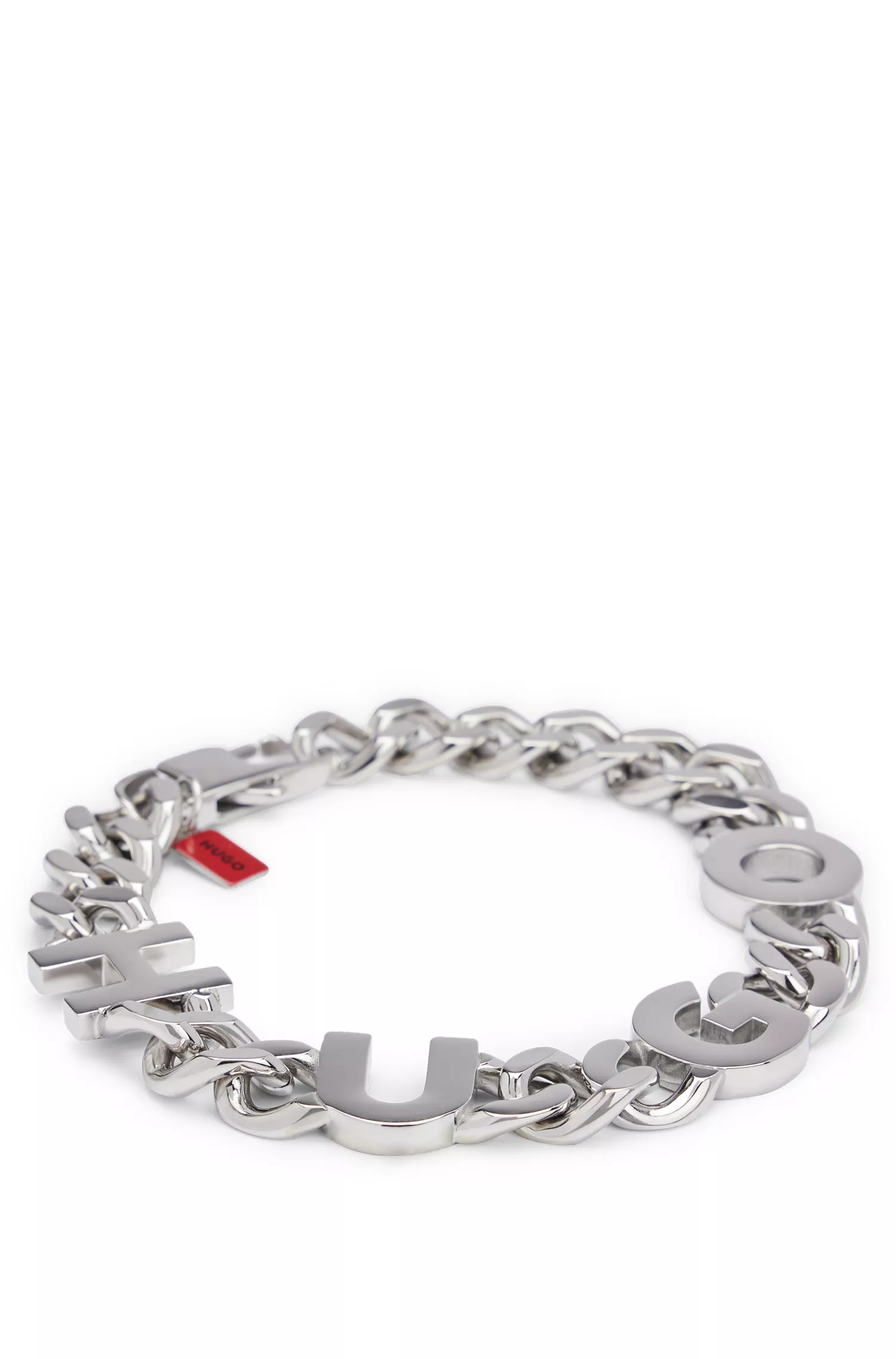 Bracelete HUGO com corrente vermelha e logotipo em letras.