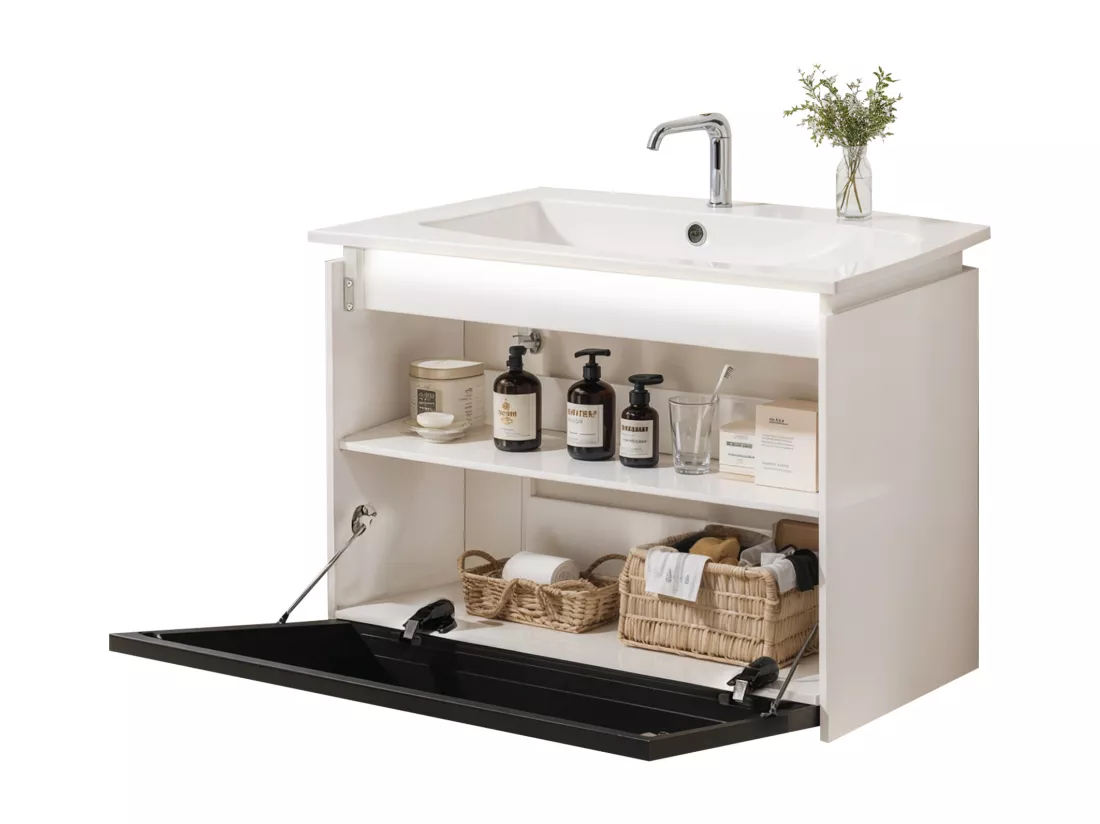 Meuble de salle de bain vasque simple avec porte en verre - 61.5 x 46.5 x 47 cm - Bois MDF - Lampe à induction - Blanc + noir