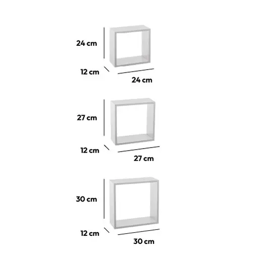 Lot de 3 étagères bois (H24-27-30 cm) Cube Blanc