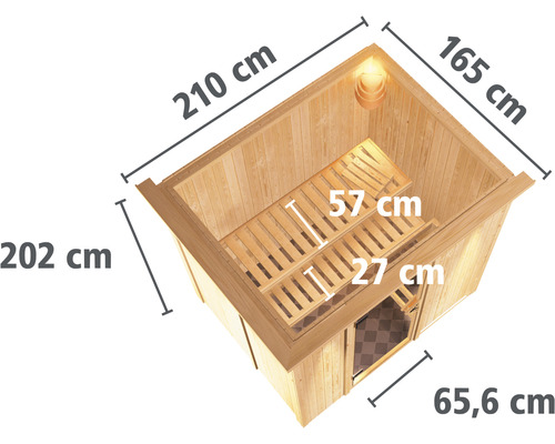 Energiezuinige modulaire sauna Karibu Benina inclusief 3,6 kW biooven en externe regeleenheid met dakrand, houten deur en geïsoleerd glas