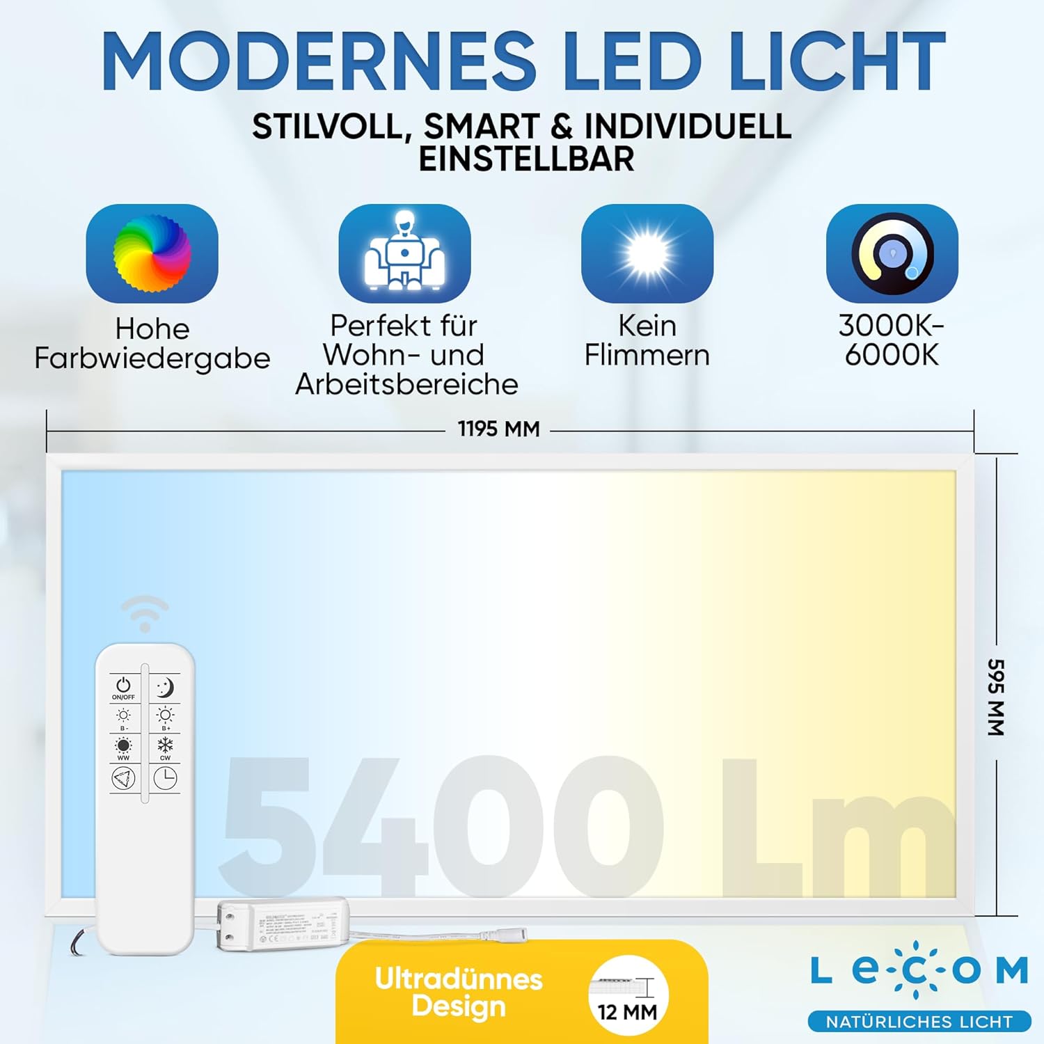 LED Panel 120x60Dimmbar - Deckenleuchte 60W mit Fernbedienung CCT CRI90 Flach Einbauleuchte für Rasterdecke Odenwalddecke Rechteckig