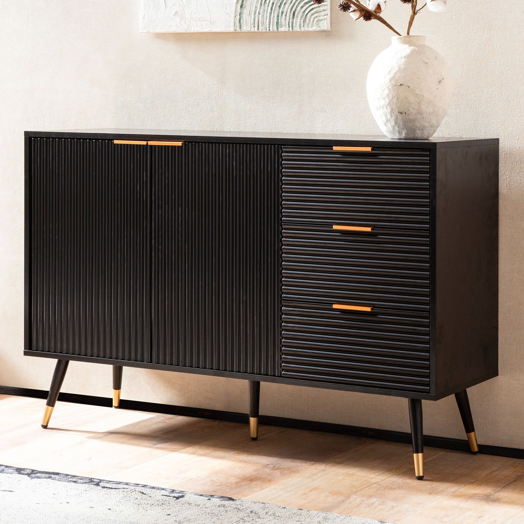 Sideboard FineBuy Anrichte 120 cm Schwarz Eiche Dekor Kommode Standschrank