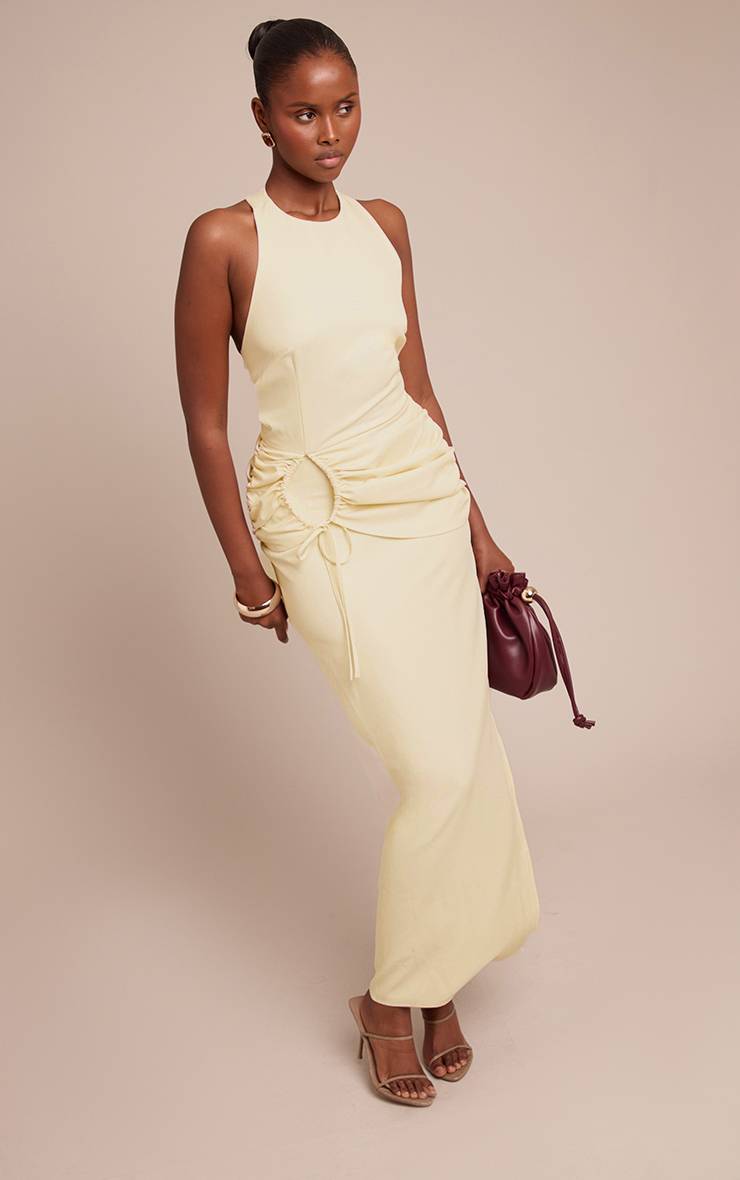 Crème Robe Longue Froncée À Col Nageur