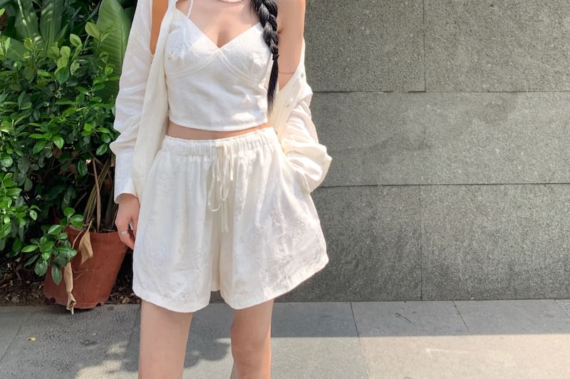 Duwnie - Effen shirt met lange mouwen / V-hals top / Shorts