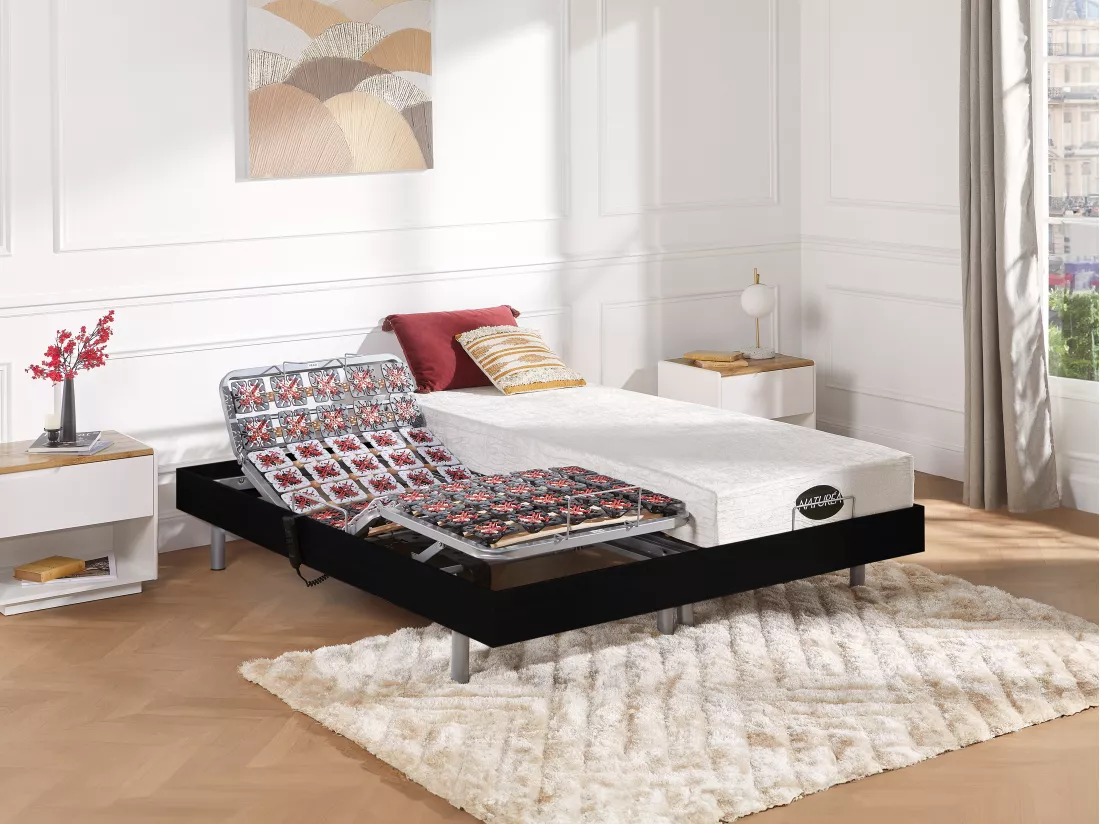 Lit électrique de relaxation tout plots + matelas mémoire de forme et bambou - 2 x 80 x 200 cm - Noir - LYSIS III de NATUREA