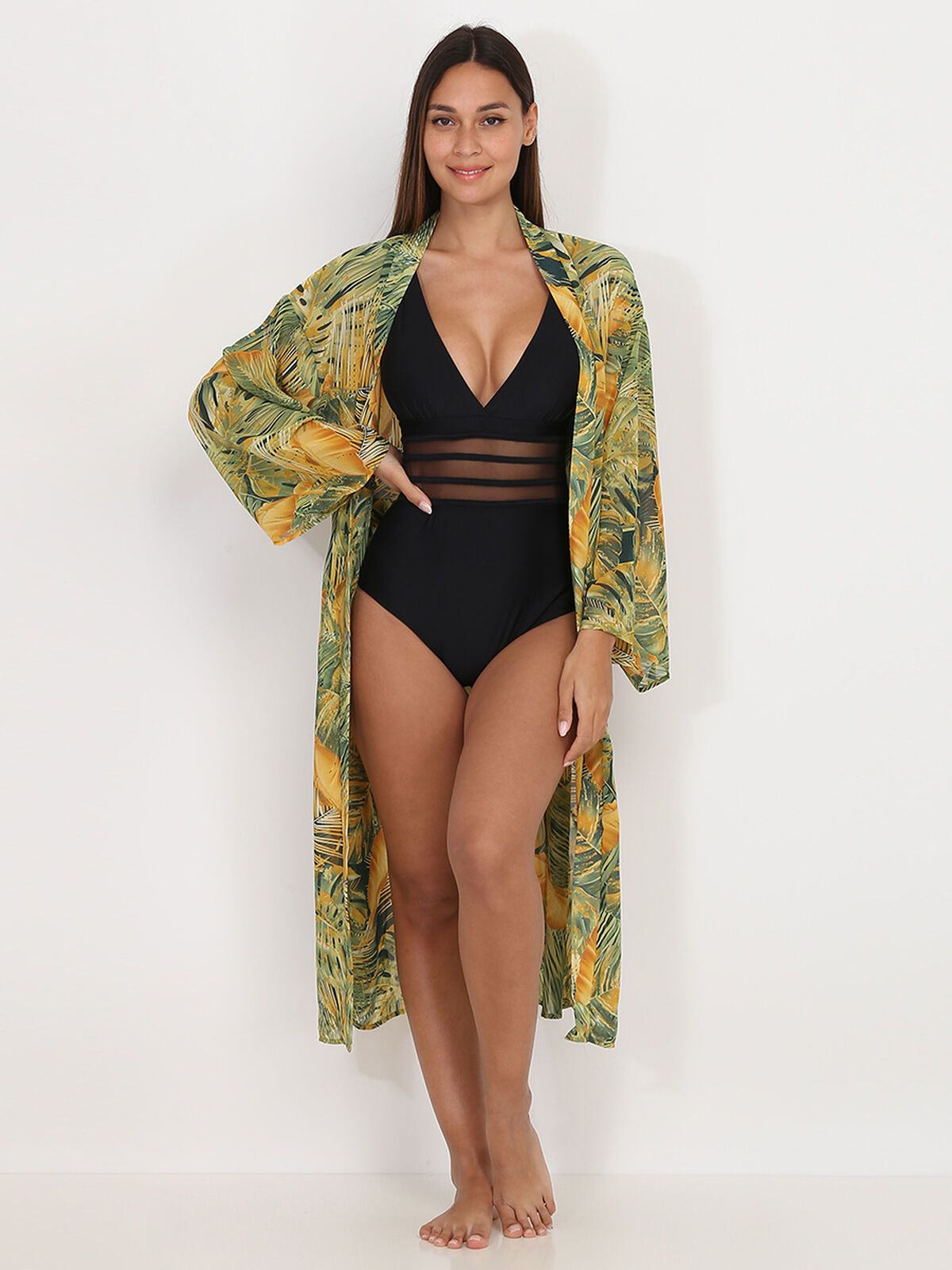 Kimono mi-long à imprimé tropical- Jaune