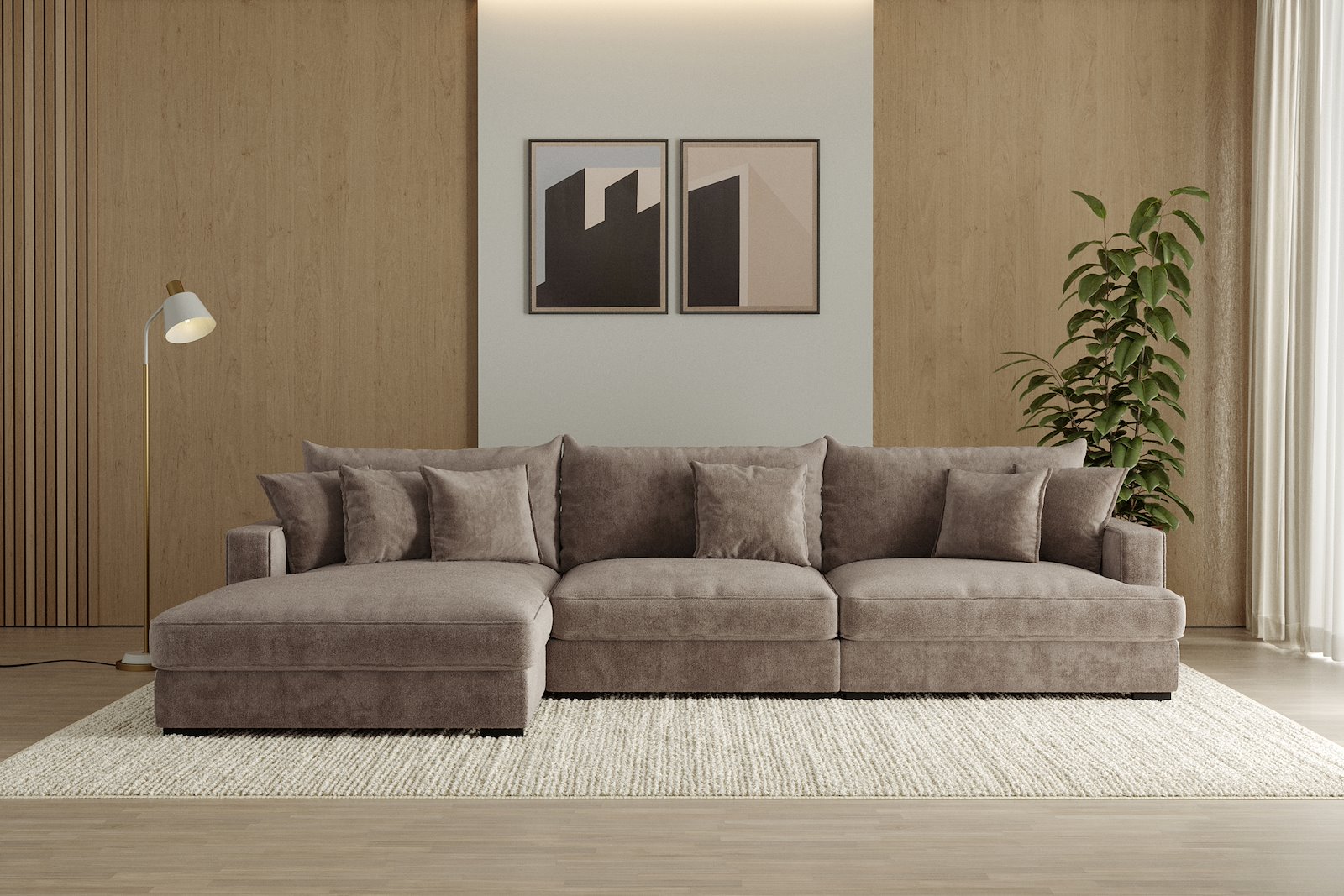 Rossi Lux 3-seter med sjeselong venstre Tekstil Genesis 6 Mink, arm A med sorte ben. Lux Komfort.