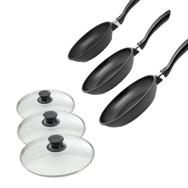 Ensemble de 3 poêles à frire et 3 couvercles en verre 20 cm 24 cm et 2
