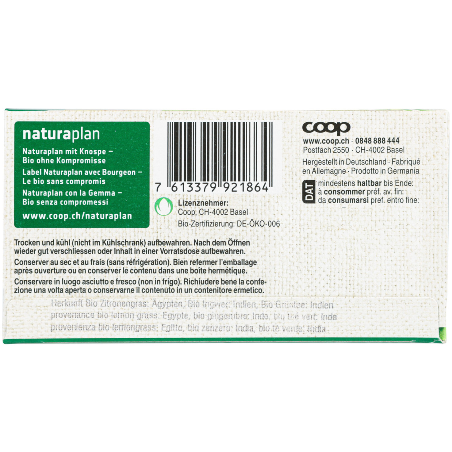 Naturaplan Bio Fairtrade Grüntee Zitronengras 20 Beutel