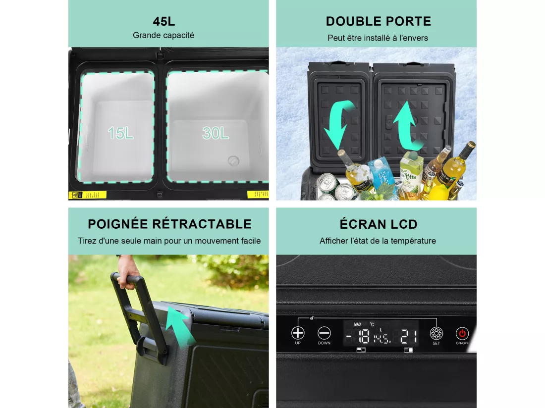 Réfrigérateur de voiture HOMEMiYN 12 V, réfrigérateur de voiture à double zone de 45 litres, congélateur portable (-8 ℉ ~ 68 ℉) avec 12/24 V DC 100/240 V AC, glacière électrique à contrôle APP pour voiture, camping-car, camping, voyage et usage domes