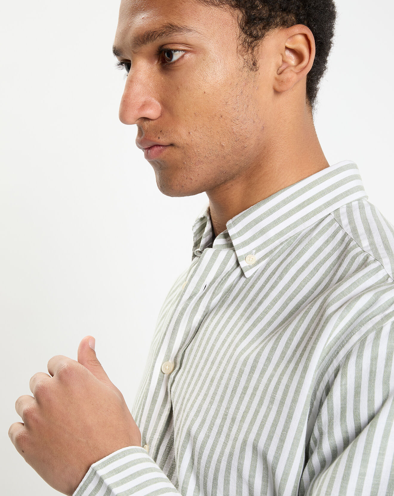 Hackett London Chemise en Coton & Lin Slim Fit à rayures kaki/blanc
