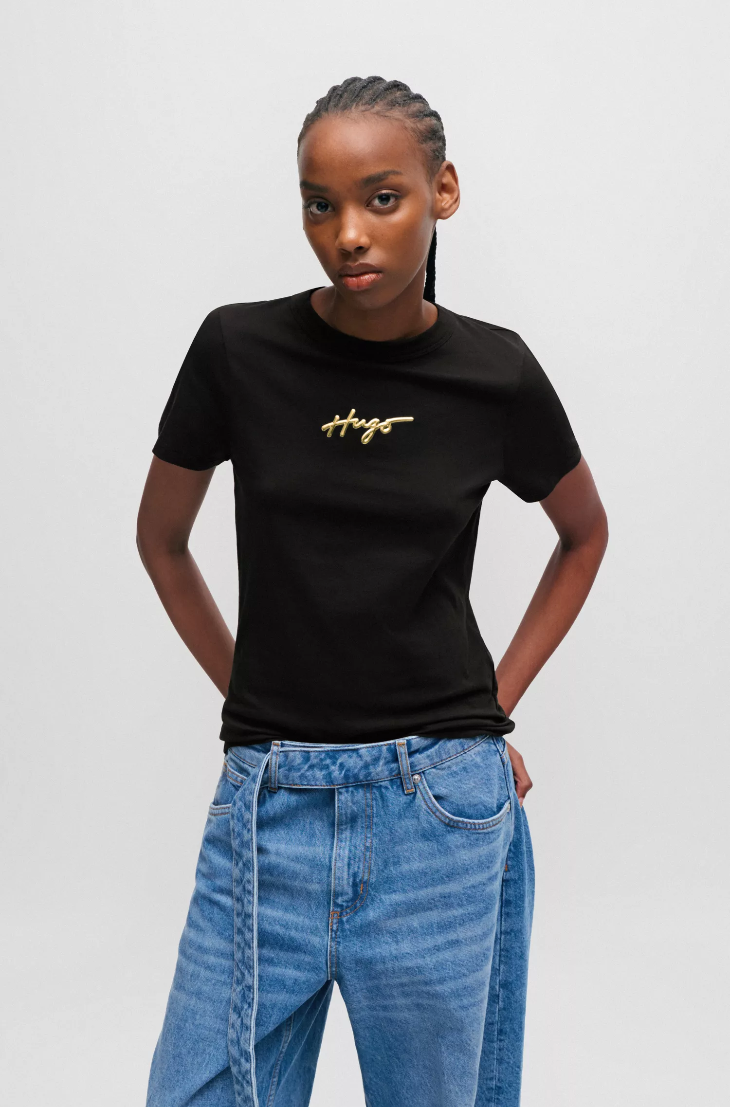 Camiseta HUGO vermelha em malha de algodão com logotipo manuscrito com efeito metálico
