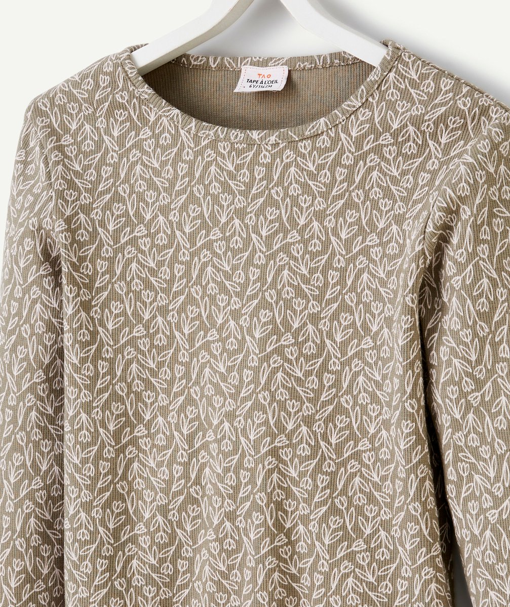 T-SHIRT MANCHES LONGUES FILLE CÔTELÉ EN COTON BIO KAKI AVEC IMPRIMÉ FLEURI