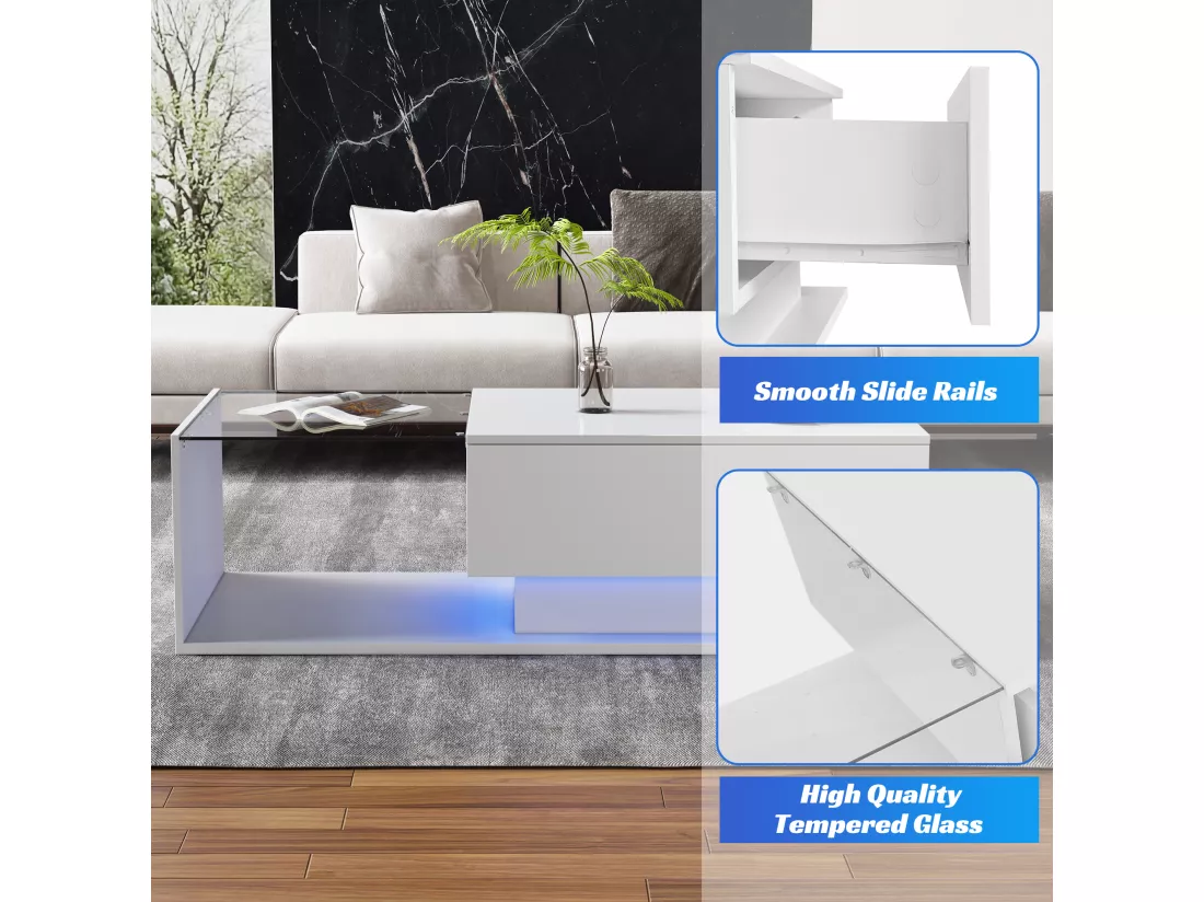 Table basse avec grand tiroir - 100x50x32 cm - LEDs - plateau en verre - Panneaux de particules - Blanc brillant