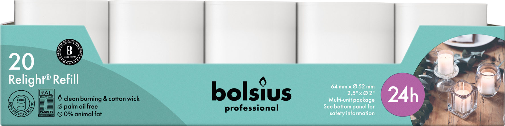 Bolsius Horeca Relight® Navullingen 64/52 Wit (20 stuks)