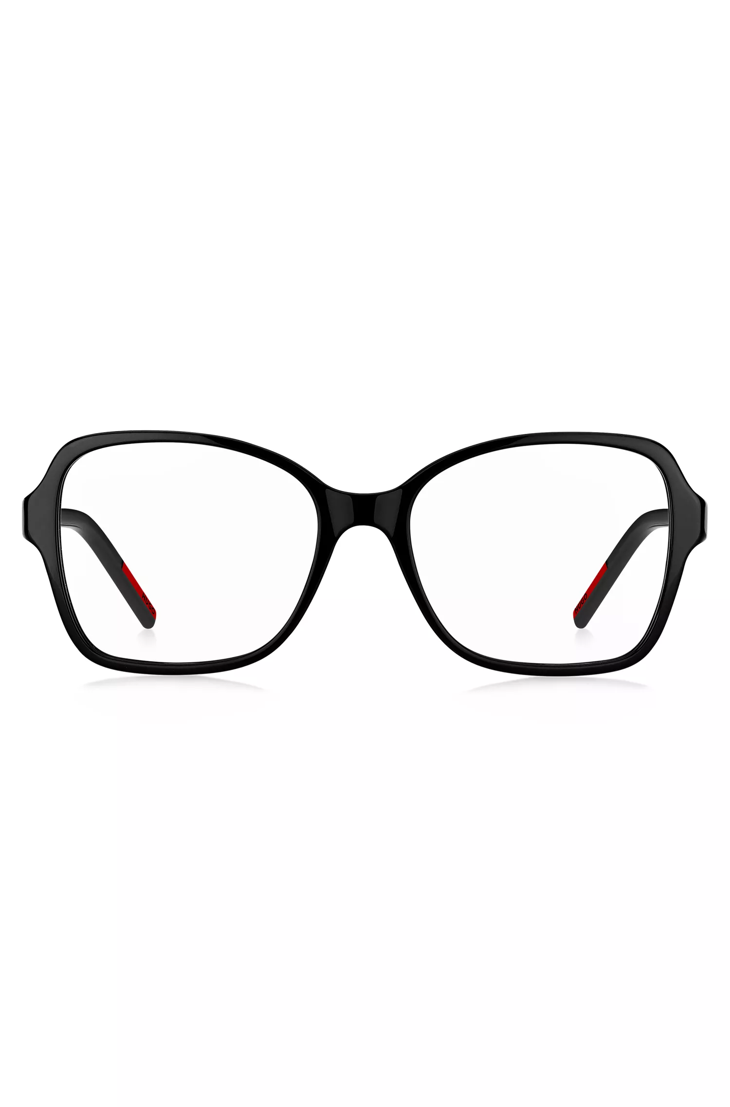 Armação de óculos HUGO em acetato vermelho e preto com hastes personalizadas.