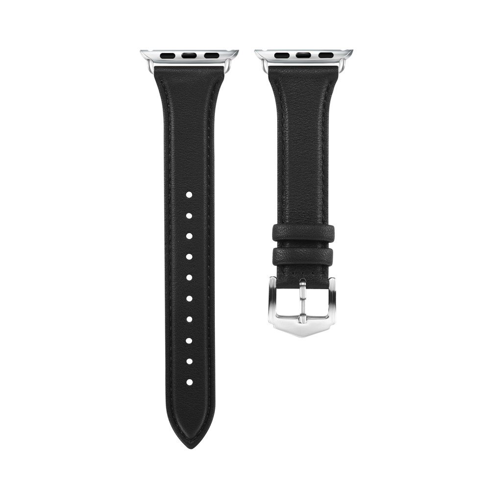 Changee - Apple Watch (42/41/40/38 mm) Echtleder Armband Slim mit Dornschliesse (Gelenkumfang: 175-210mm) - Schwarz / Silber