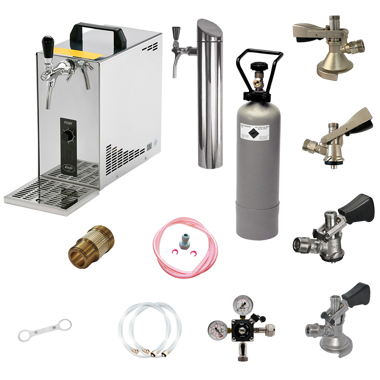 Untertheken Komplett Set - Zapfanlage, Bierzapfanlage, Bierkoffer, Durchlaufkühler PYGMY 25 LE 1-leitig Trockenkühler, 30 Liter/h, inkl. Schanksäule, Green Line, Zapfkopf:KeyKeg