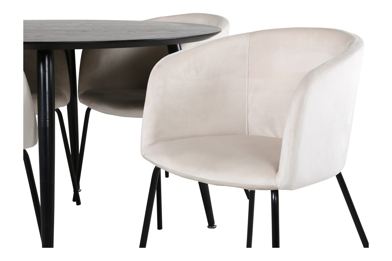 Dipp og Berit Spisegruppe Dipp rundt spisebord ø115cm i sort finér med 4 stk. Berit med arm spisestoler i Beige fløyel og sorte ben.