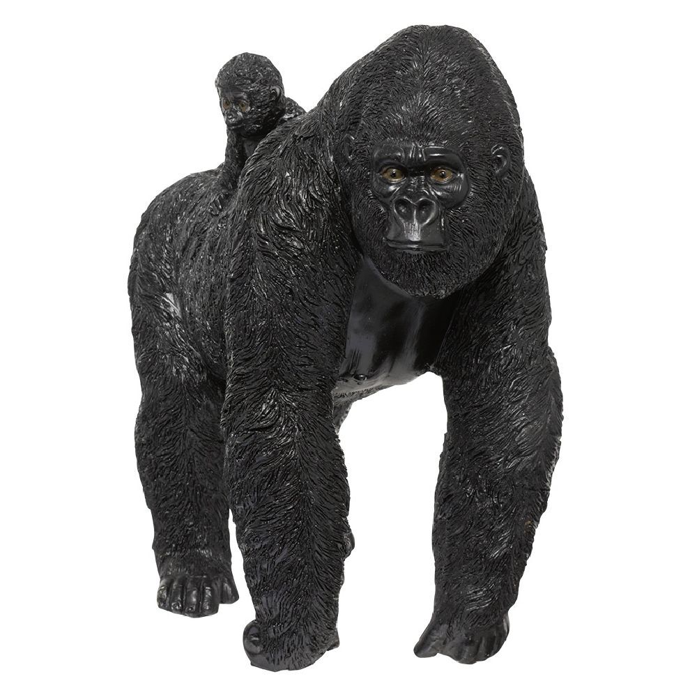 Gorille avec son bébé sur le dos en résine noir H34cm