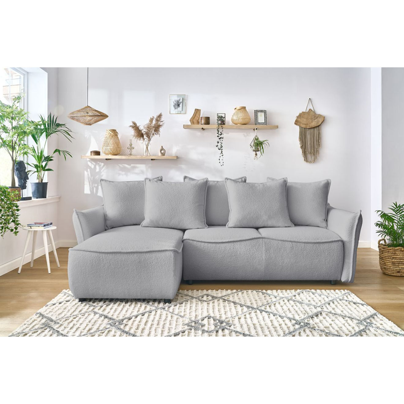 Bobochic Canapé d'angle gauche convertible bouclette Léon gris clair - 242x158x90 cm