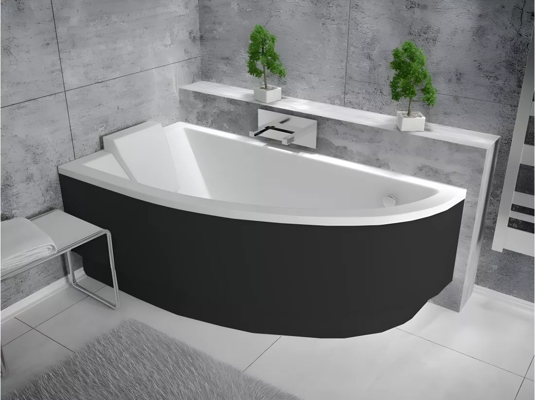 Baignoire asymétrique + tablier noir + repose tête - PRAKTIKA - 150 x 70 cm - Gauche