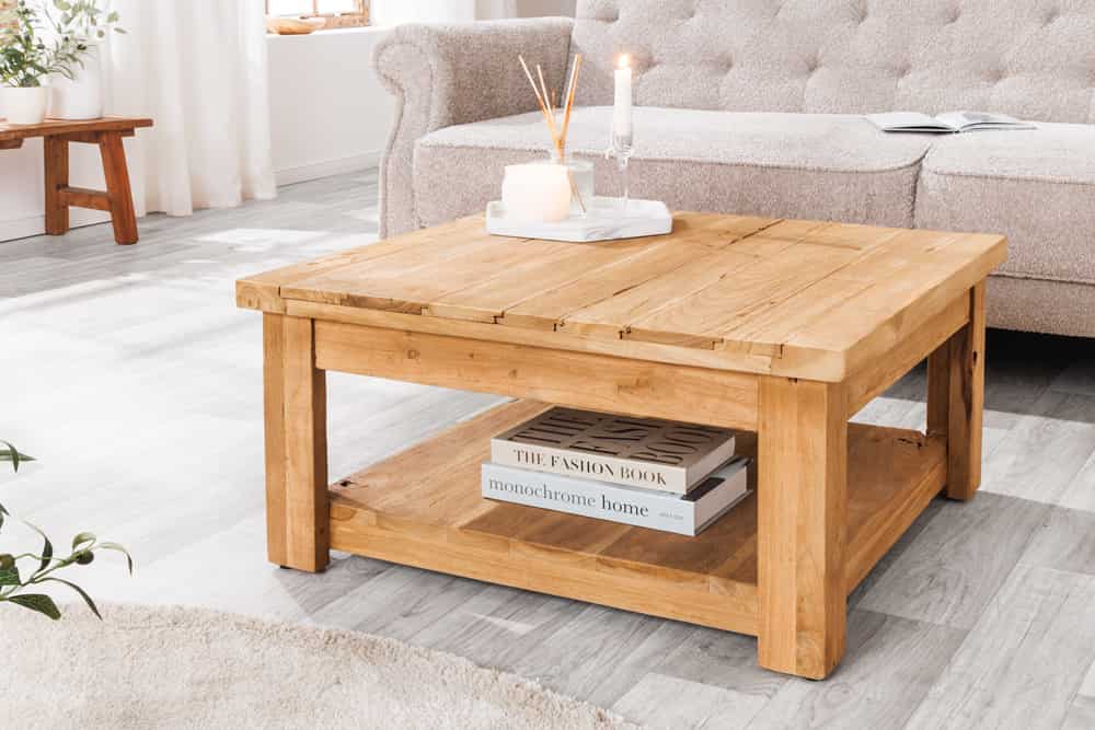 Quadratischer Couchtisch JAVA 70cm natur recyceltes Teakholz mit Ablagefach