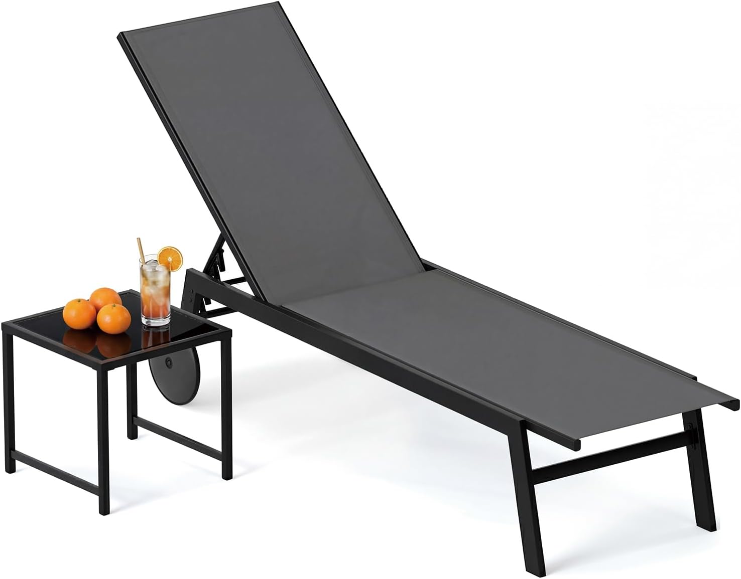 GIANTEX Sonnenliege Set mit Rollen, wetterfeste Gartenliege mit 6-Fach Verstellbarer Rückenlehne, Outdoor Liegestuhl mit Beistelltisch für Garten und Poolbereich, bis 150 KG (Grau, 1 Liege + 1 Tisch)