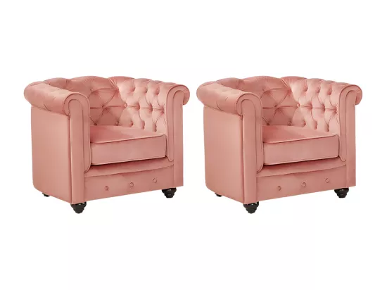 Lot de 2 Fauteuils CHESTERFIELD - Velours rose pastel