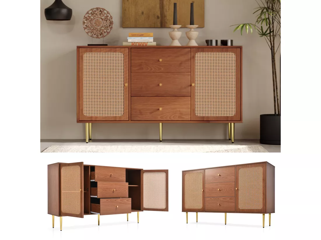 Buffet bas en rotin avec 3 tiroirs & 2 portes - marron