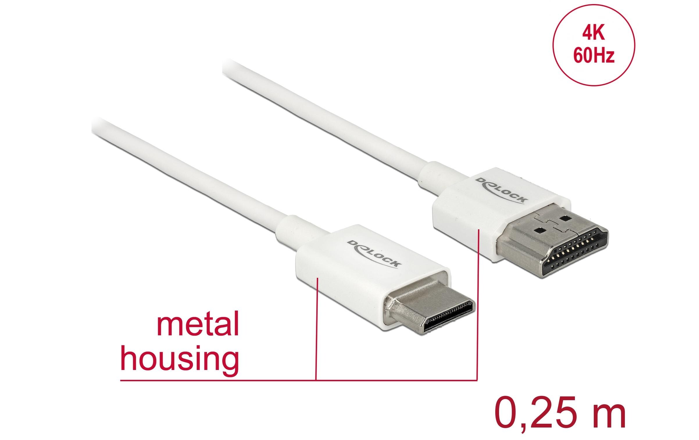 Kabel 4K 60Hz HDMI - Mini-HDMI (HDMI-C), 0.25 m, WeissDelock Kabel High Speed HDMI mit Ethernet – HDMI-A Stecker > HDMI Mini-C Stecker 3D 4K 0.25 m Slim High Quality