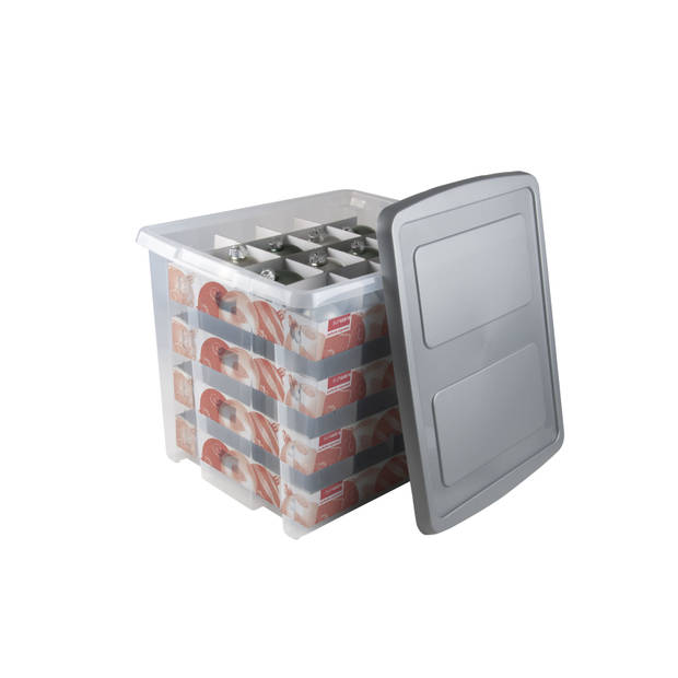 Kerst opbergbox Nesta 45L met trays voor 64 ballen - transparant grijs