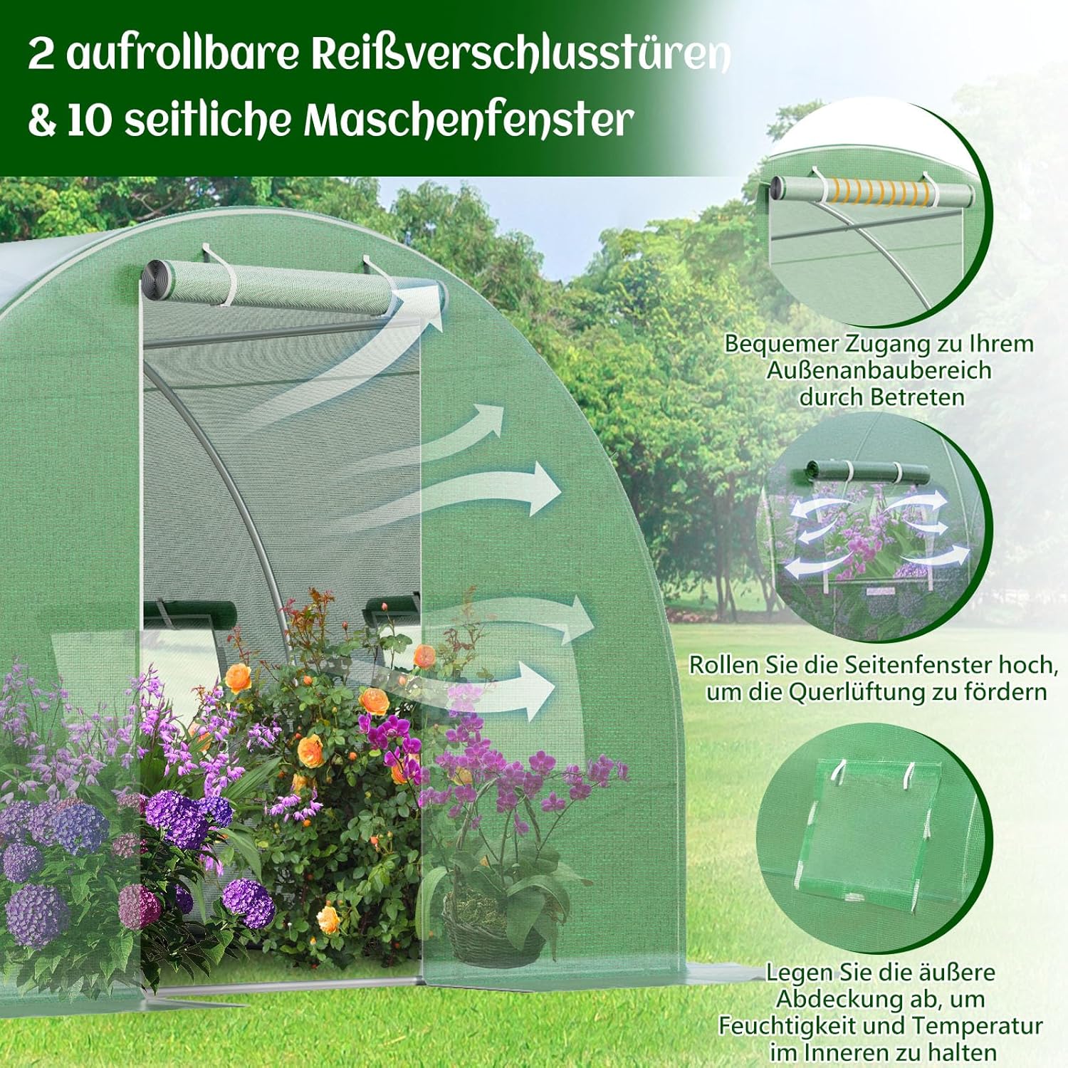 GOPLUS 6x3x2m Gewächshaus mit Metallrahmen, 18m² Gartengewächshäuser mit 8 Fenstern & 2 Türen, Foliengewächshaus für Bauernhof, Hinterhof & Garten (6x3x2m)