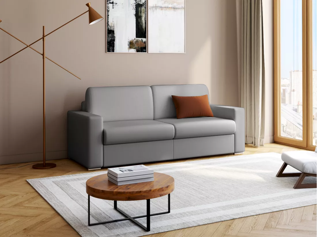 Canapé 4 places convertible express en simili gris - Couchage lattes larges 160 cm - Matelas 18 cm avec mémoire de forme CALITO
