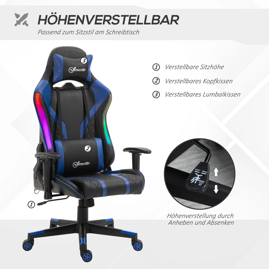 Vinsetto Gaming Stuhl mit LED-Beleuchtung schwarz, blau
