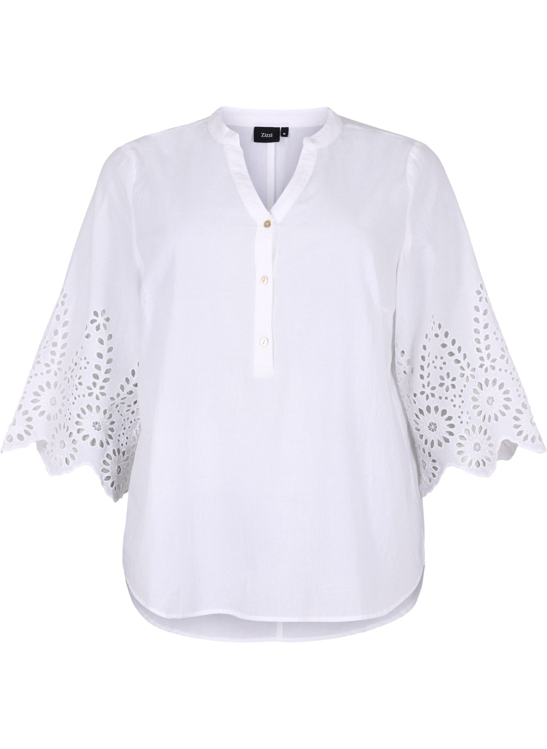 Skjortebluse med broderi anglaise og 3/4 ærmer