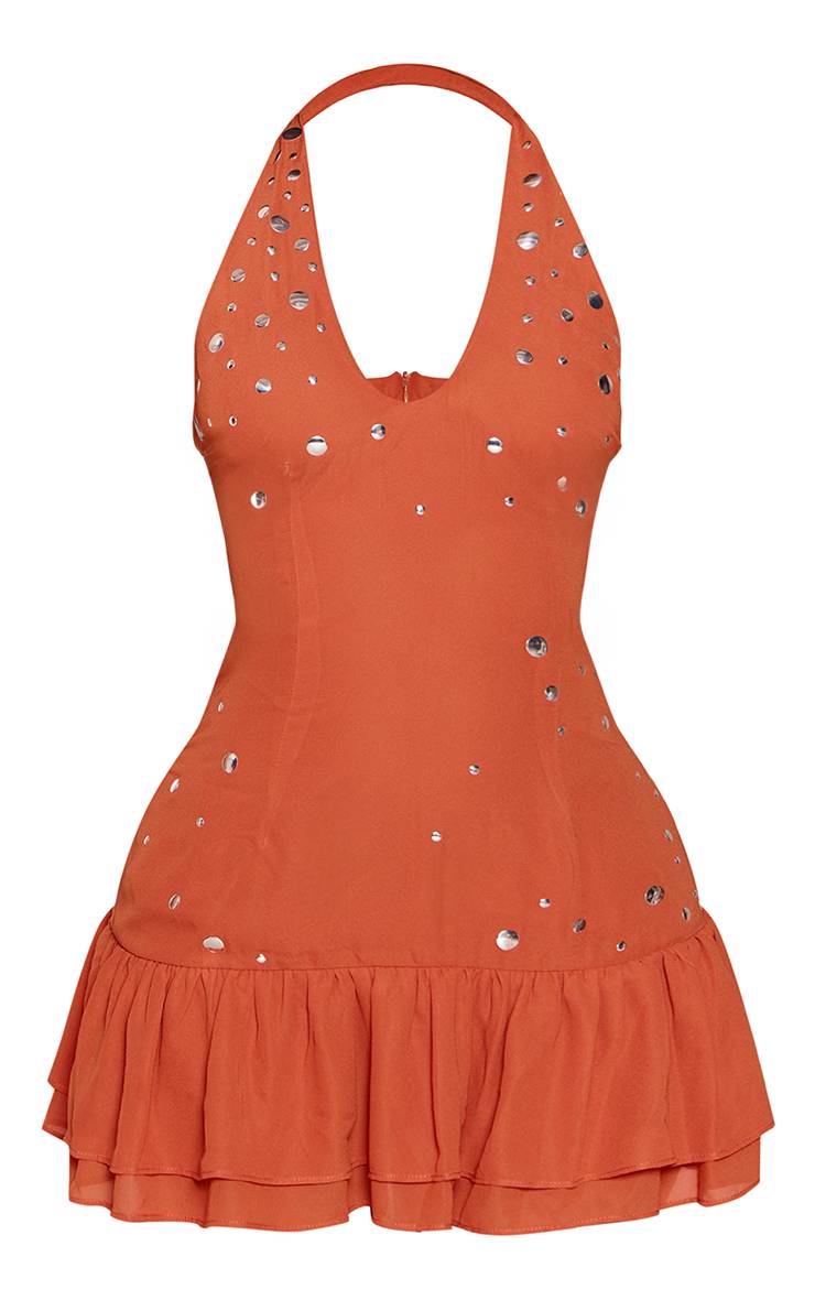 Orange Brûlé Robe Courte Petite À Col Licou Avec Détails De Volants Et Clous