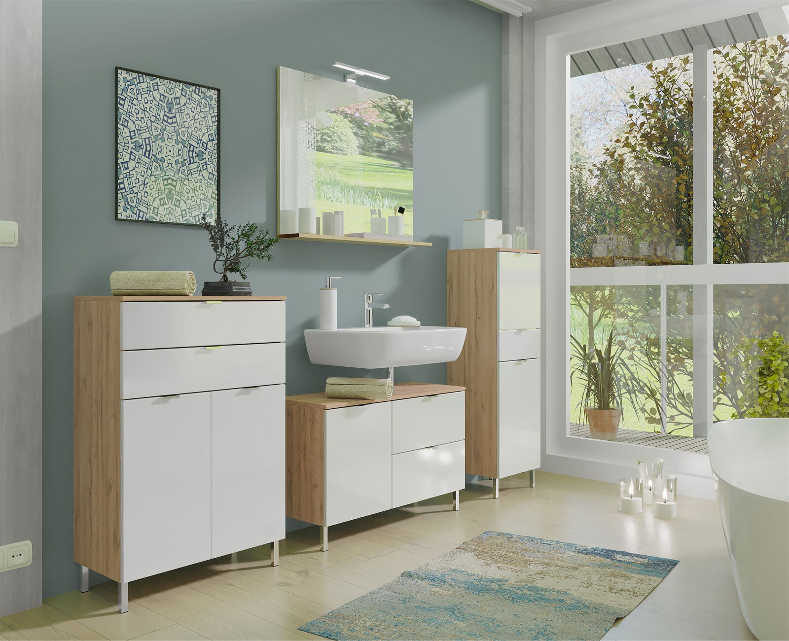 Kommode FEY 60 x 97 cm Eiche/ HG Weiß