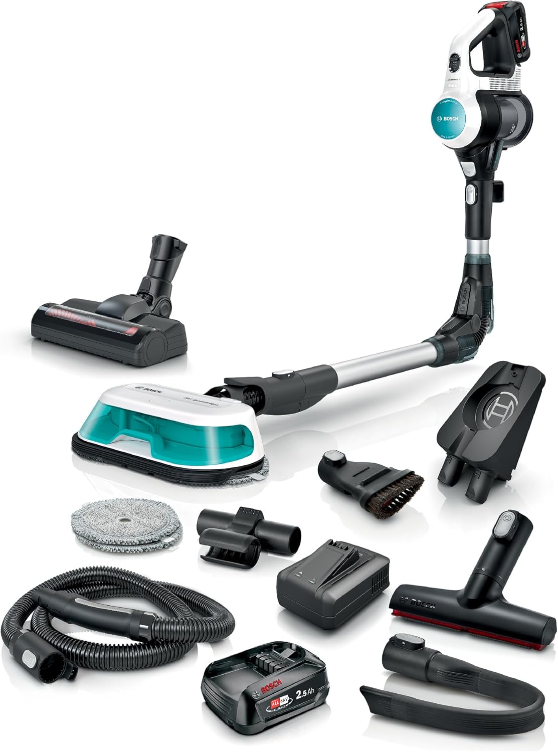 Bosch Akku-Staubsauger Unlimited 7 ProHygienic Aqua BSS712XHYG, kabellos, 2in1 Saugen & Wischen, Knickrohr, HEPA-Filtersystem, 10 Jahre Motorgarantie, 2 Akkus, Schnellladegerät, Made in Germany, weiß