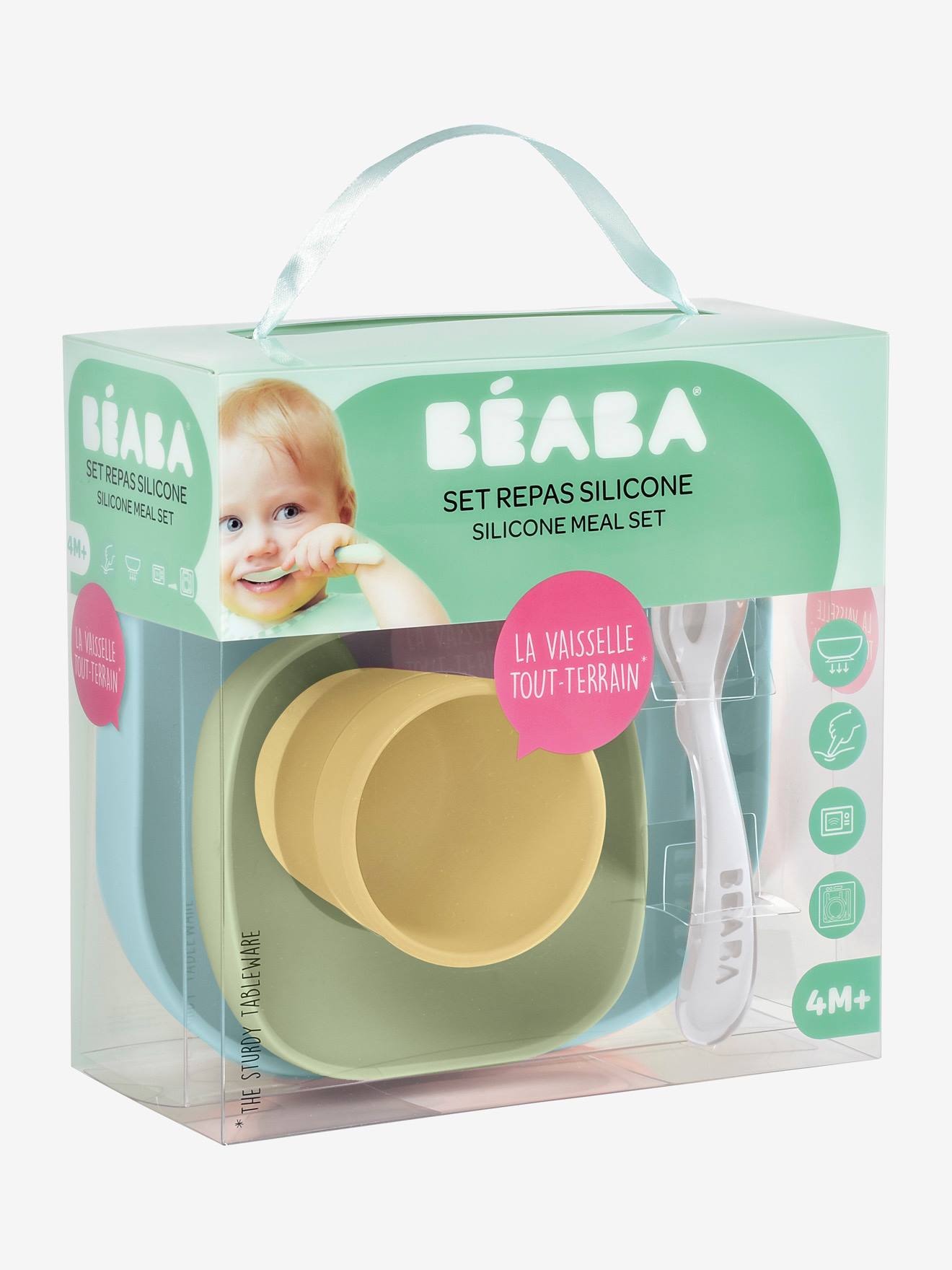 Conjunto de jantar de silicone BEABA com 4 peças, rosa claro, bicolor/multicolorido